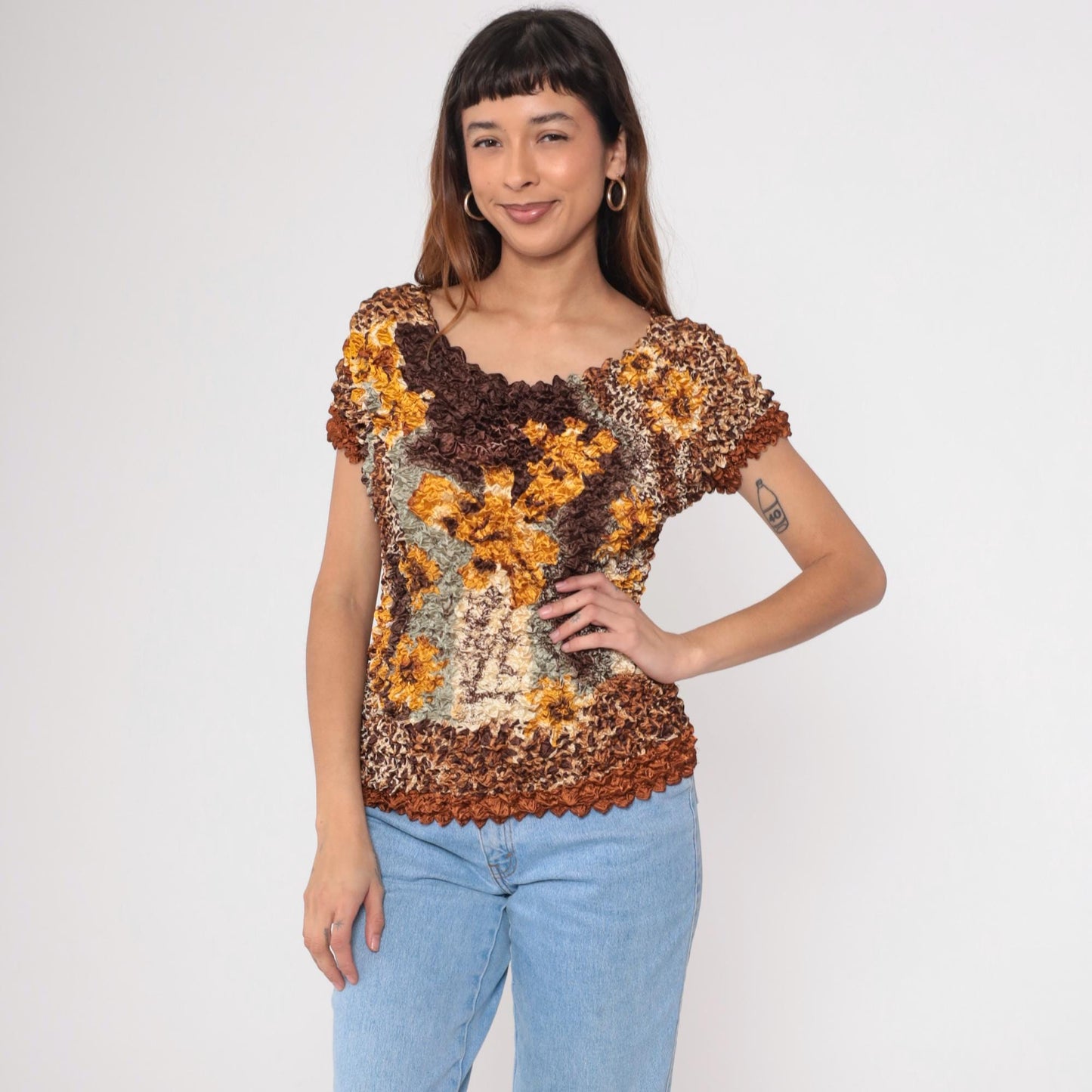 Y2K Popcorn Blouse Floral Leopard Print Brown Textured Short Sleeve Small Medium