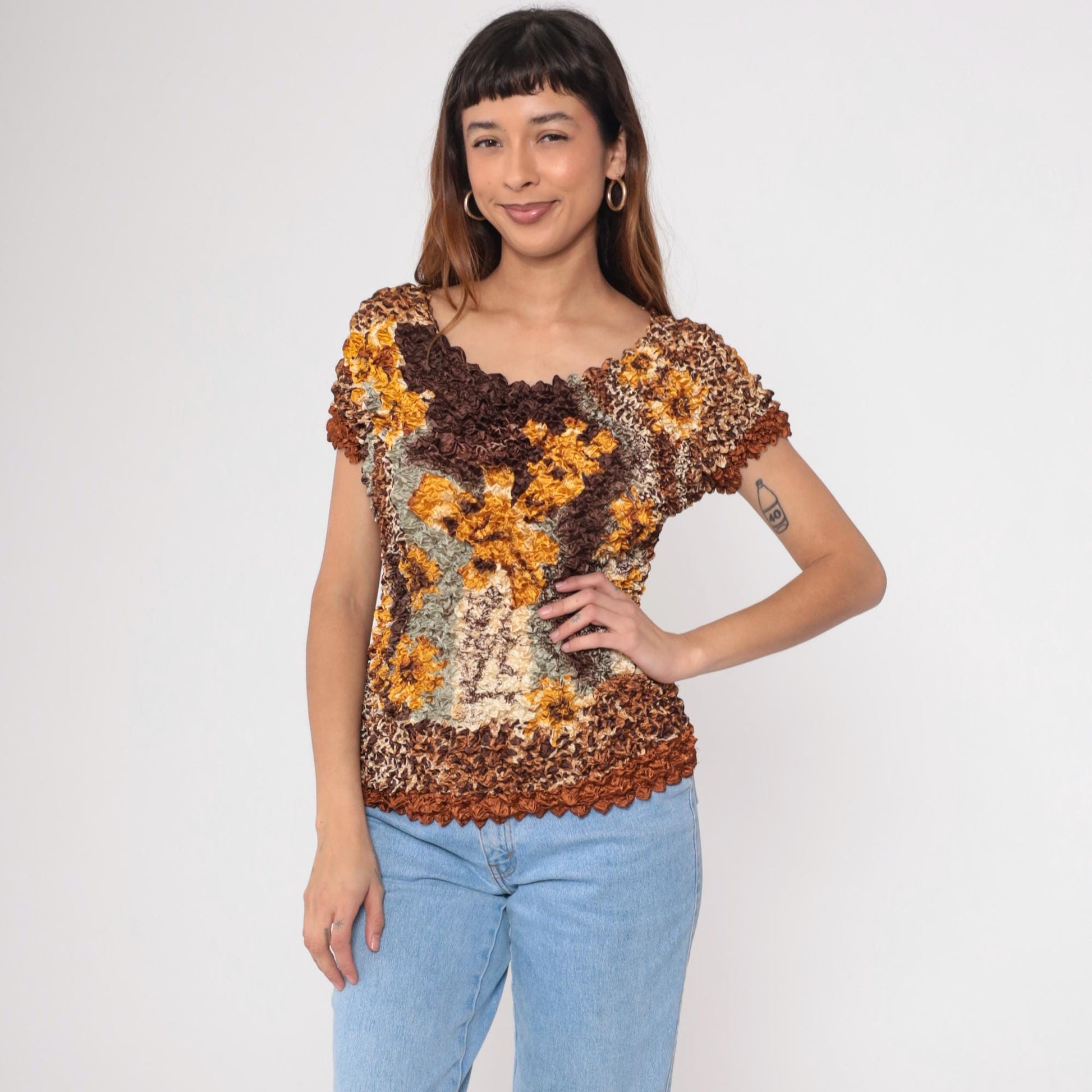 Y2K Popcorn Blouse Floral Leopard Print Brown Textured Short Sleeve Small Medium