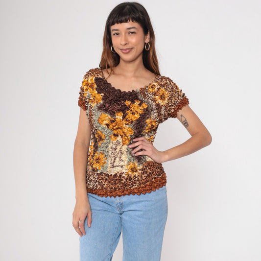 Y2K Popcorn Blouse Floral Leopard Print Brown Textured Short Sleeve Small Medium