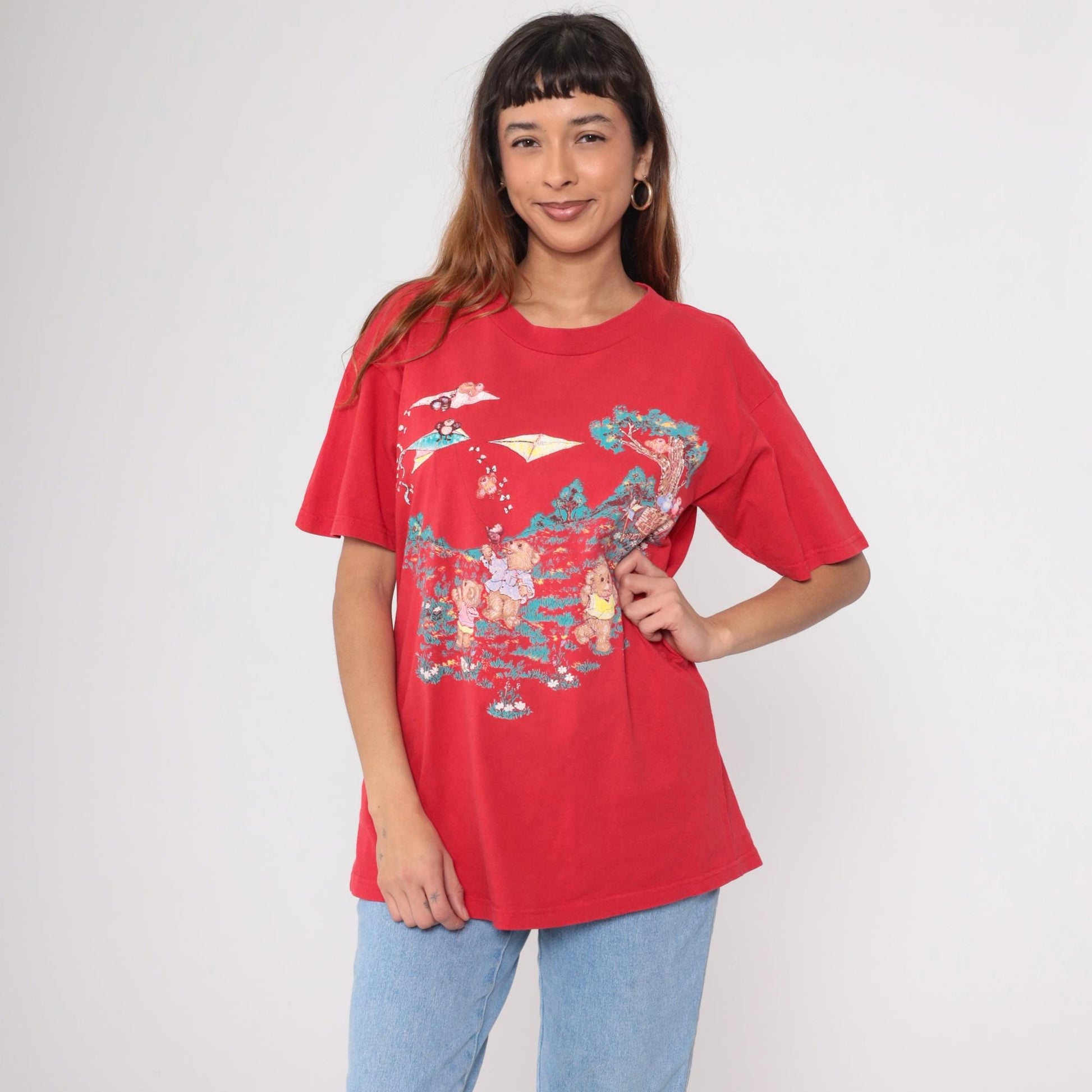 90s Teddy Bear Kite Graphic T-Shirt Red Crewneck Tee Large L
