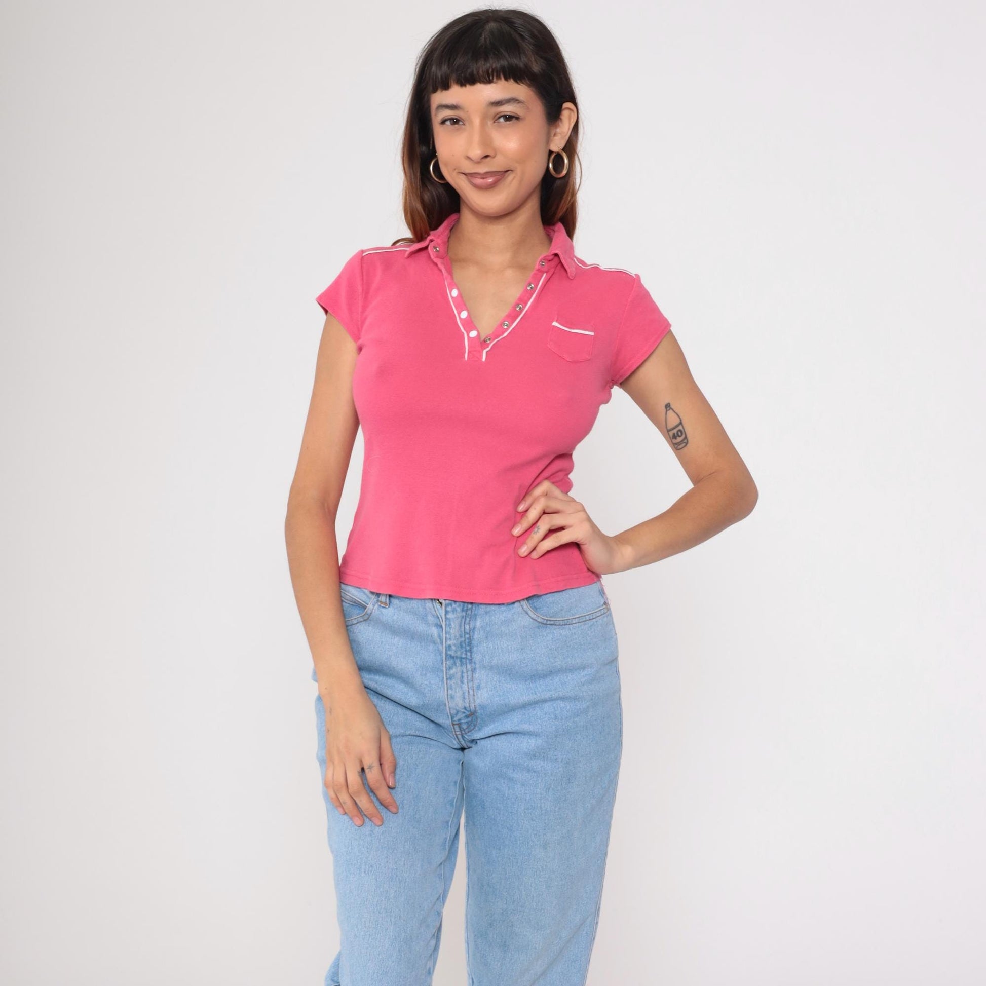 90s Energie Pink Polo Shirt White Piping Snap Button Collared Small
