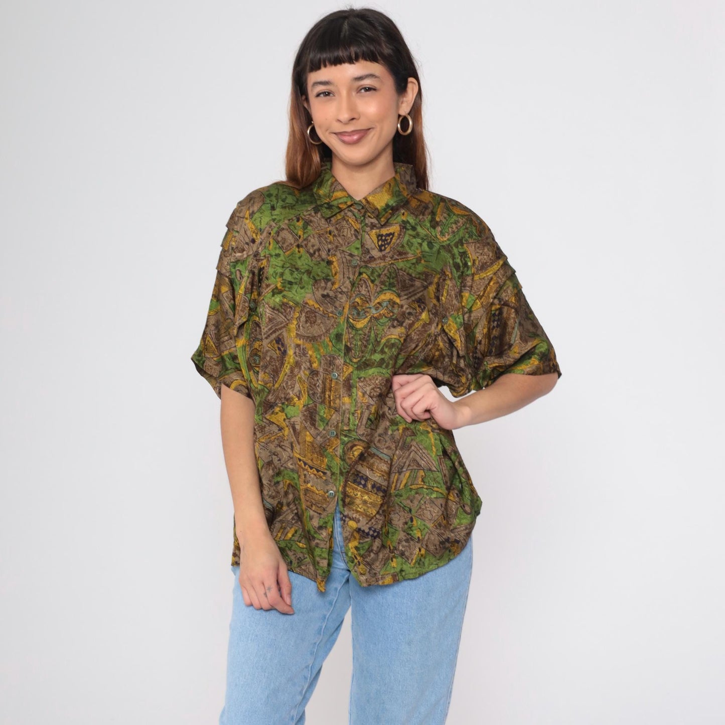 90s Geometric Button Up Shirt Brown Green Yellow Tropical Print Extra Large XL