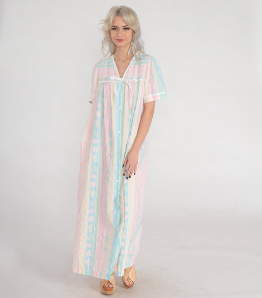 80s Pastel Striped Seashell Print Maxi Nightgown Short Sleeve Snap Front Large L