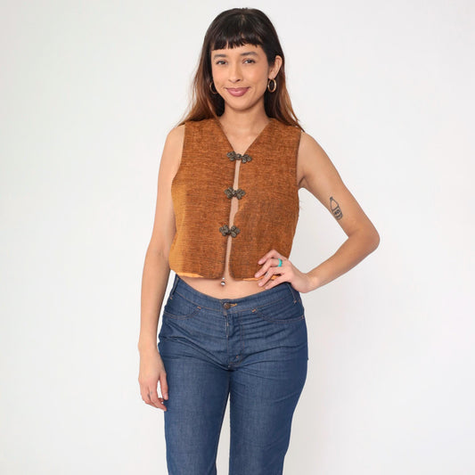 90s Burnt Orange Frog Closure Cropped Vest Woven Chinese Knot Medium