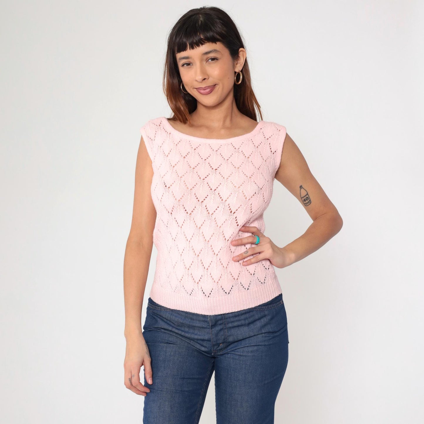 70s Pink Pointelle Knit Sleeveless Vest Wide Neckline Small
