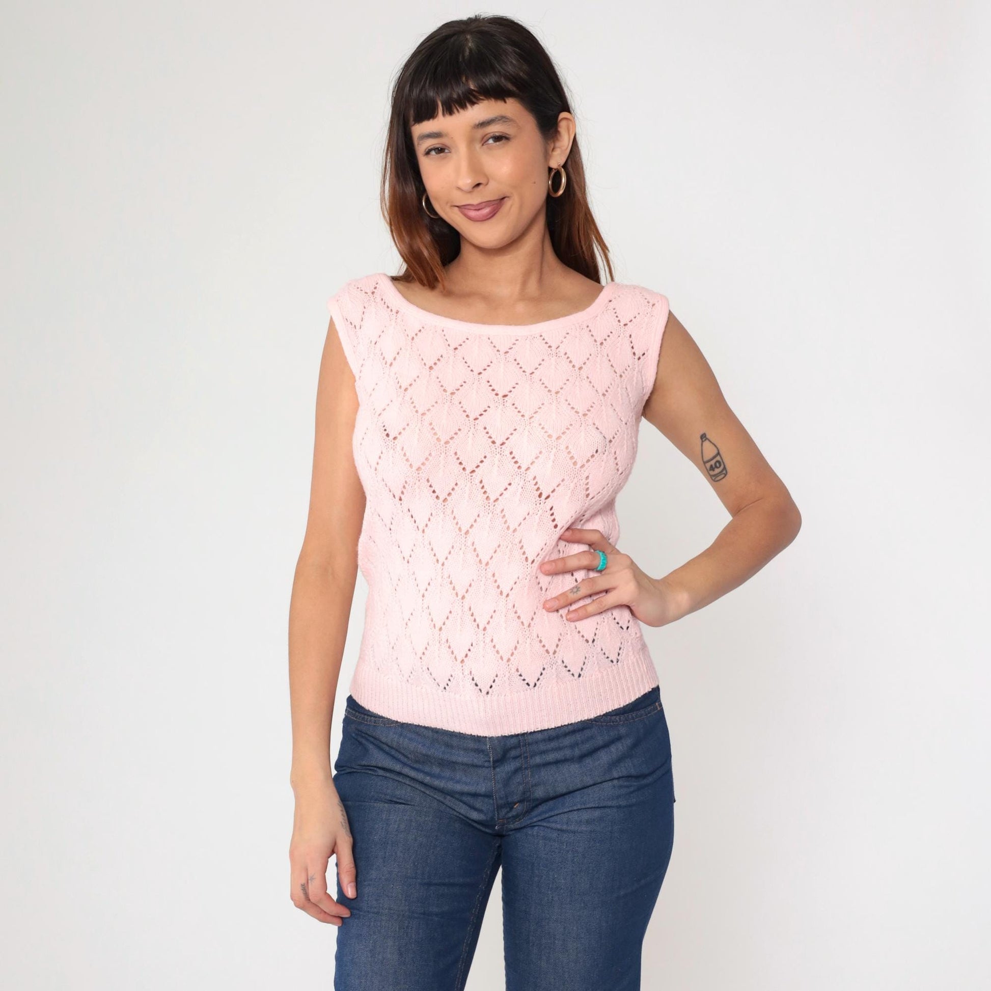 70s Pink Pointelle Knit Sleeveless Vest Wide Neckline Small