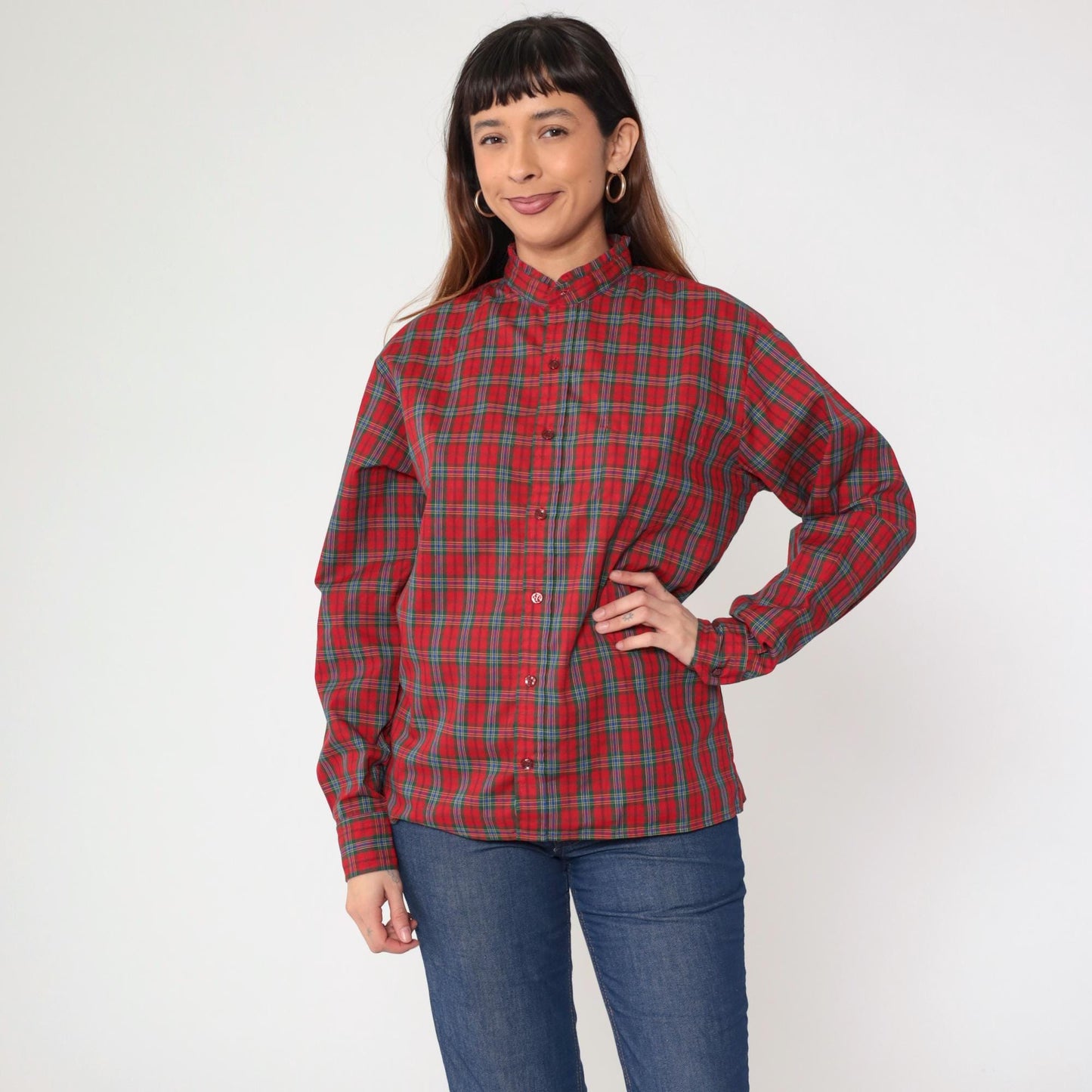 80s Red Plaid Button-Up Blouse Ruffled Collar Long Sleeve Medium M
