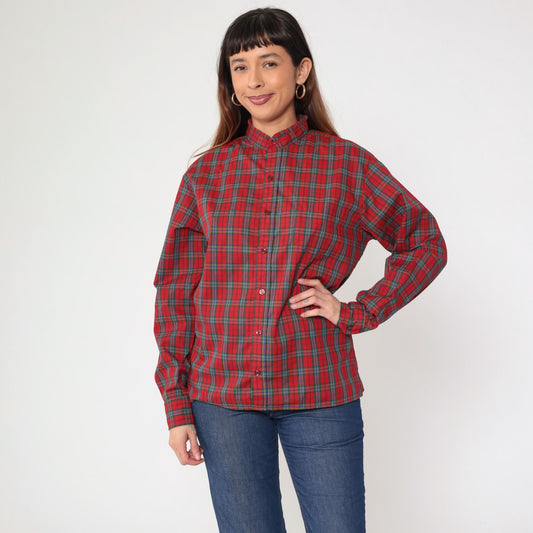 80s Red Plaid Button-Up Blouse Ruffled Collar Long Sleeve Medium M