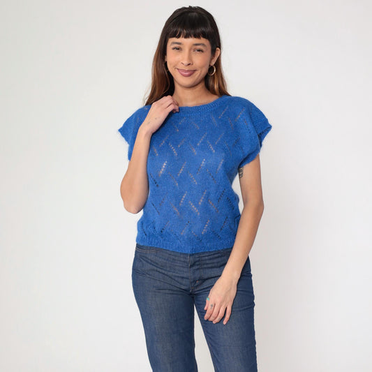 80s Jeanne Pierre Mohair Pointelle Sweater Top Royal Blue Cap Sleeve Small