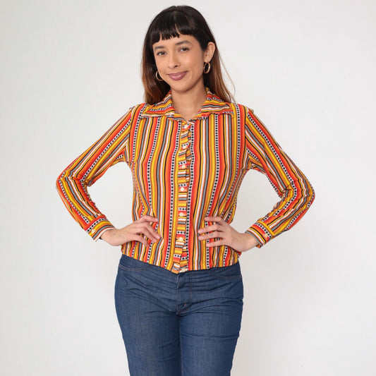70s Orange Yellow Red Striped Button-Up Shirt Dagger Collar Long Sleeve Small