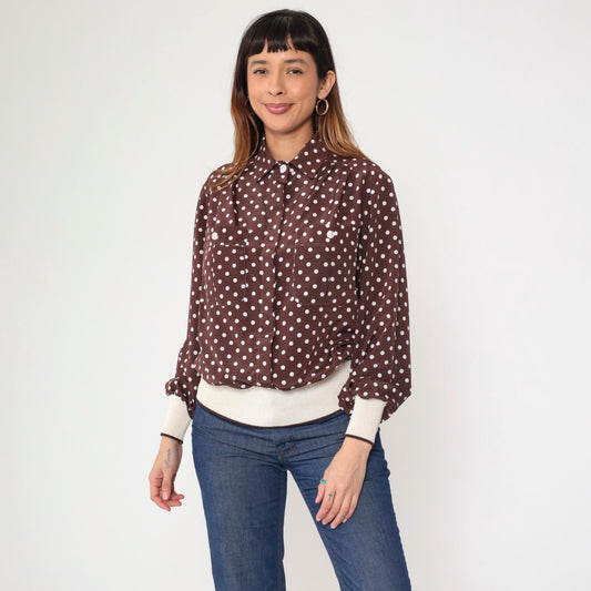 80s Brown Polka Dot Button-Up Blouse Long Sleeve Banded Hem Large