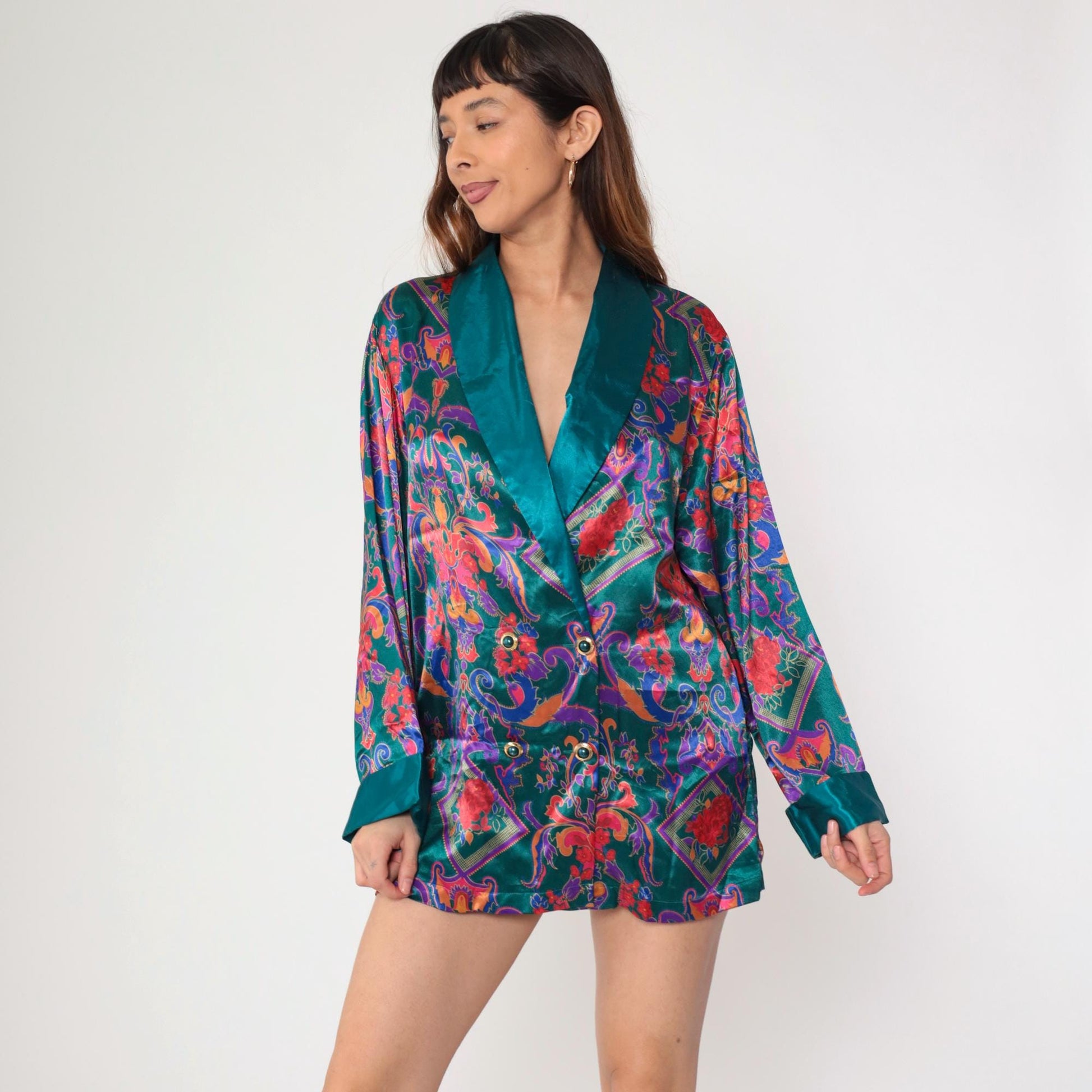 90s Victoria's Secret Teal Satin Pajama Top Baroque Floral Double Breasted Medium