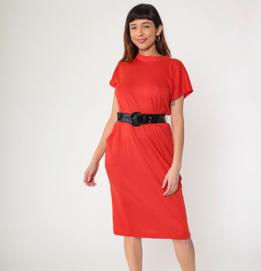 80s Red Pencil Dress with Black Patent Belt Mock Neck Medium M