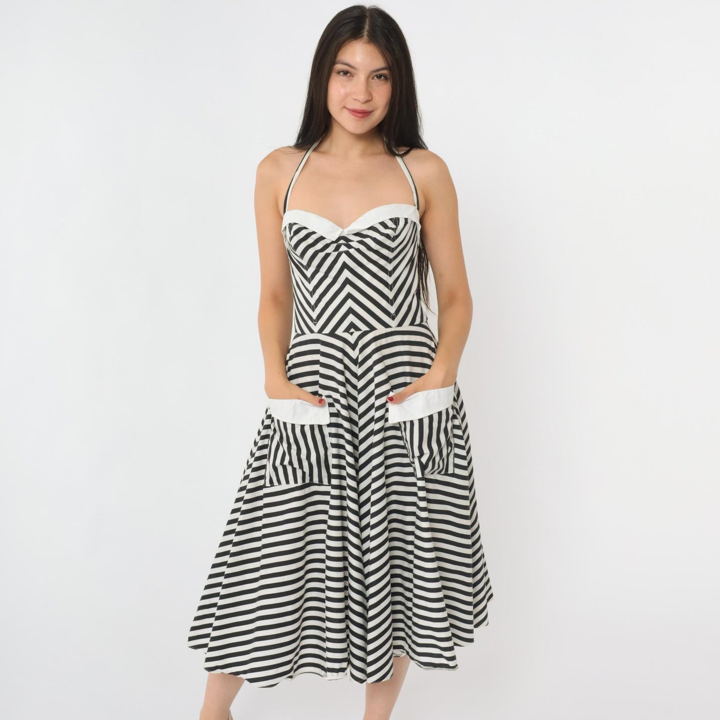 80s Black White Striped Halter Midi Dress Sweetheart Neckline Extra Small