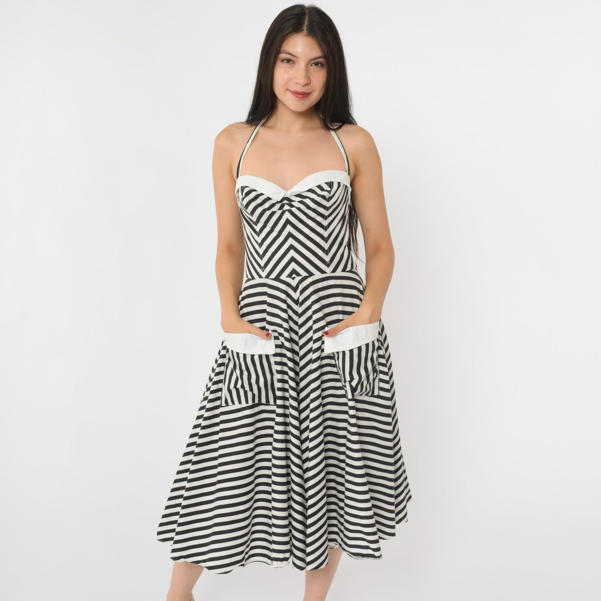 80s Black White Striped Halter Midi Dress Sweetheart Neckline Extra Small