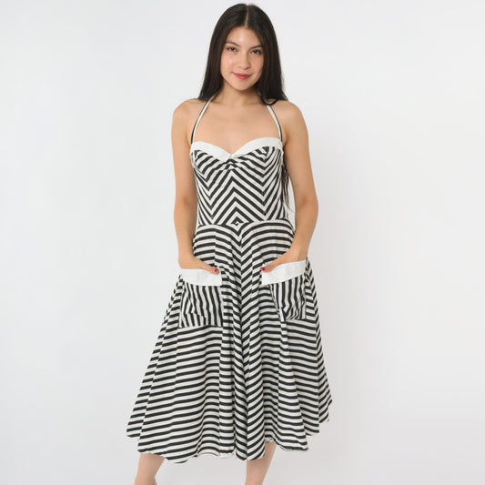 80s Black White Striped Halter Midi Dress Sweetheart Neckline Extra Small