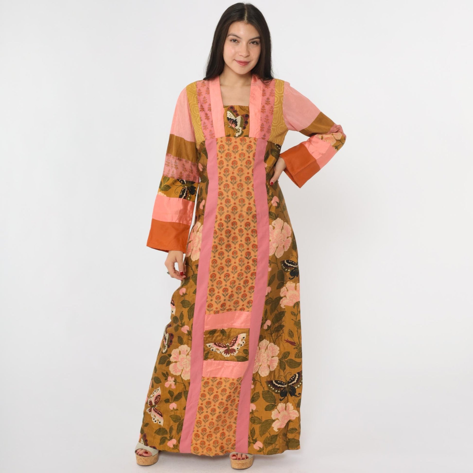 70s Patchwork Maxi Dress Butterfly Floral Pink Brown Silk Blend Small