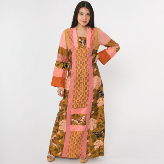 70s Patchwork Maxi Dress Butterfly Floral Pink Brown Silk Blend Small