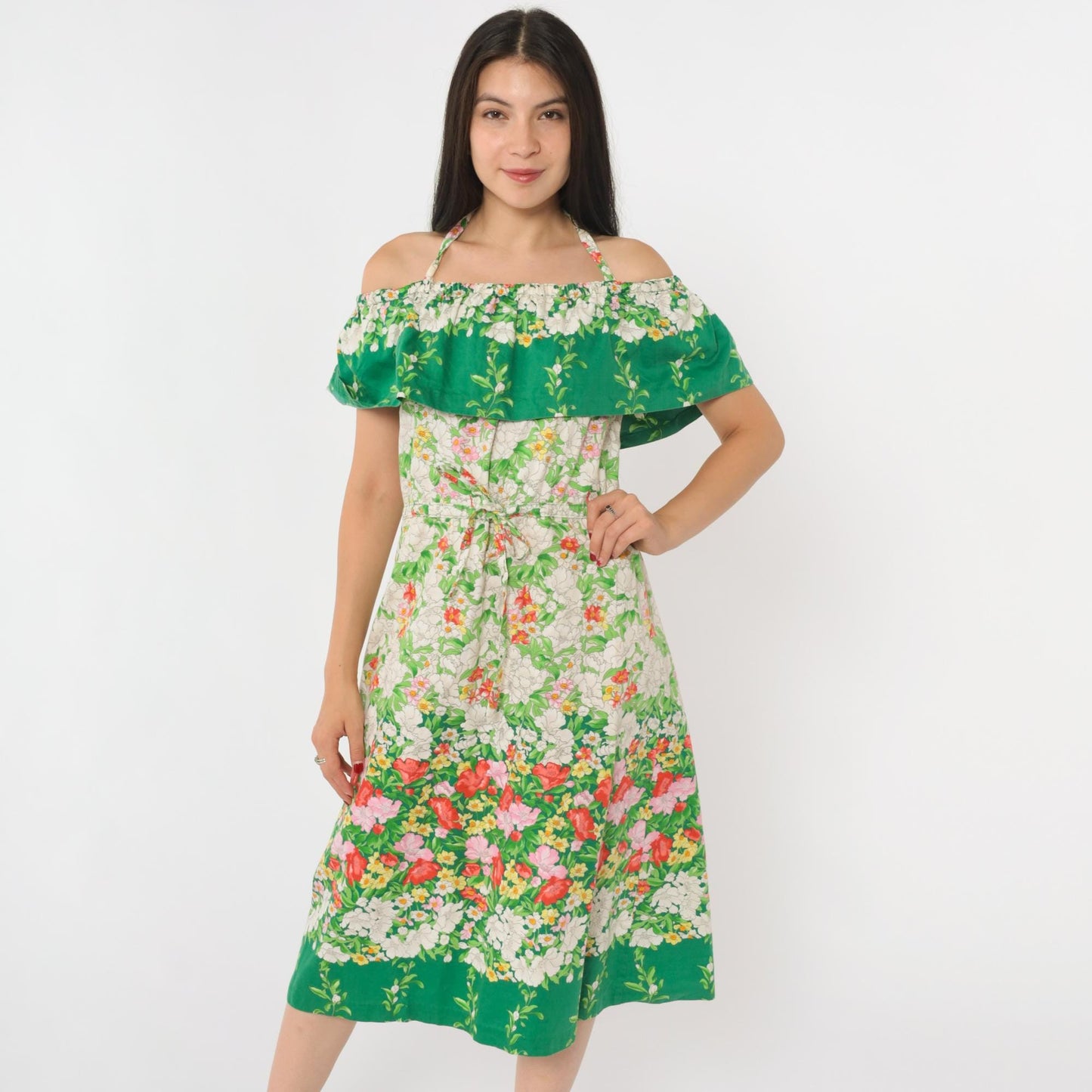 70s Parade Floral Off-Shoulder Midi Dress Green White Halter Small Medium