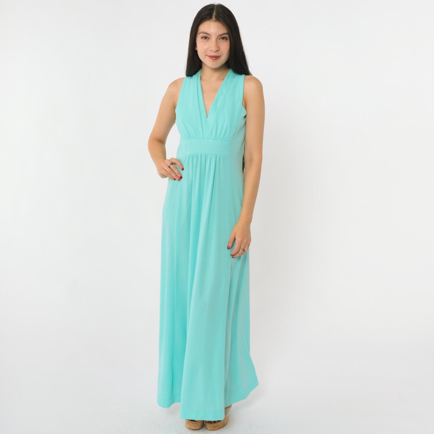 70s Aqua Maxi Dress Deep V Neck Sleeveless High Waist Small S