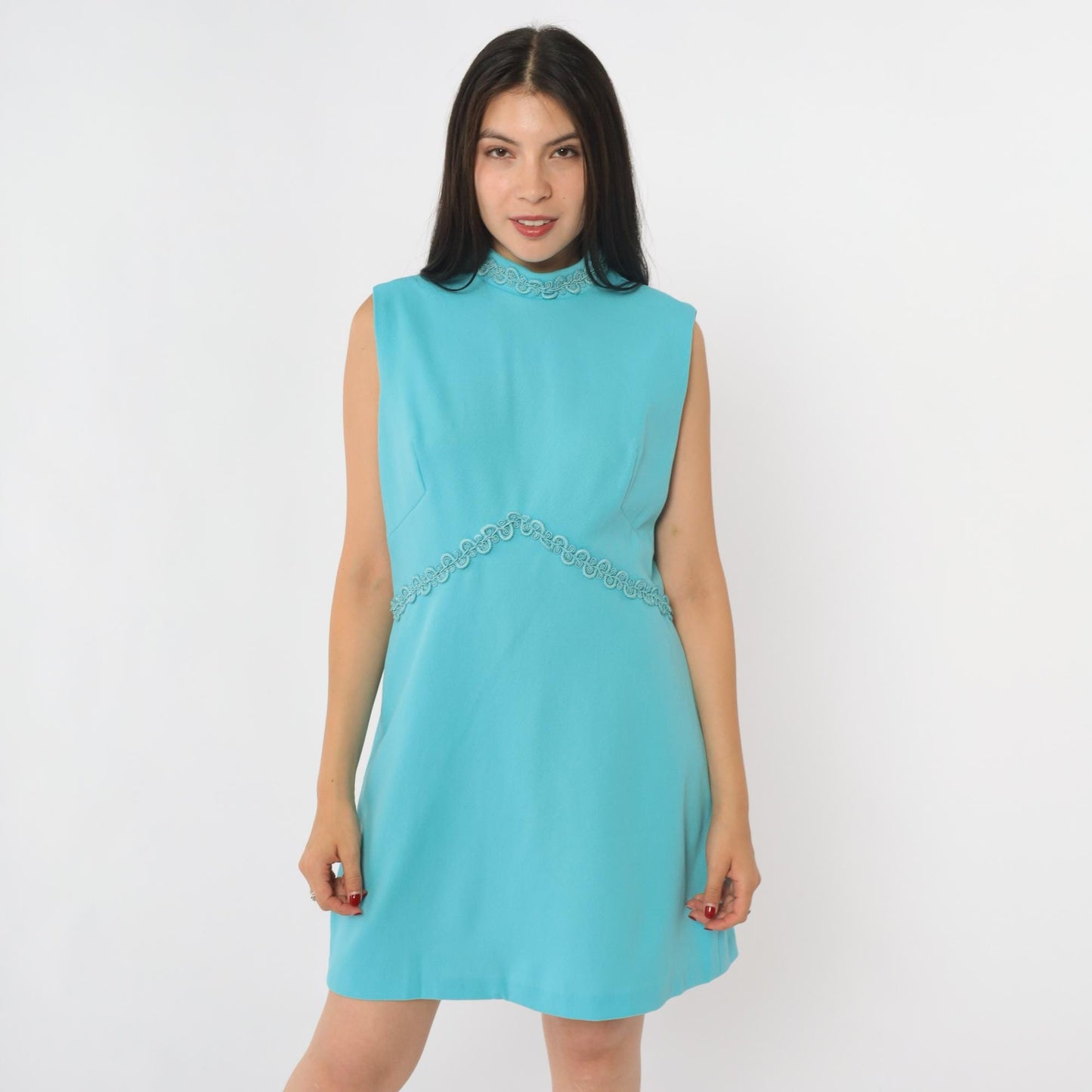 70s Blue Mod Mini Dress Empire Waist Mock Neck Sleeveless Medium M