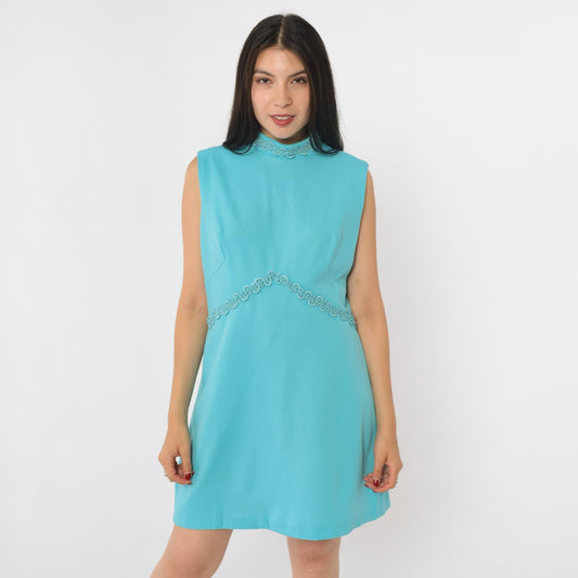 70s Blue Mod Mini Dress Empire Waist Mock Neck Sleeveless Medium M