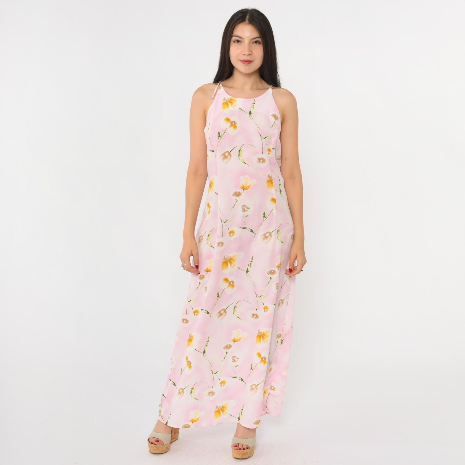 90s Pink Floral Maxi Dress Spaghetti Strap Keyhole Back Small Medium
