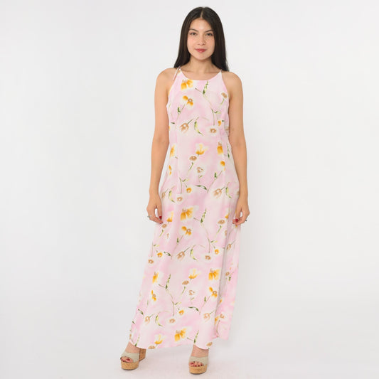 90s Pink Floral Maxi Dress Spaghetti Strap Keyhole Back Small Medium