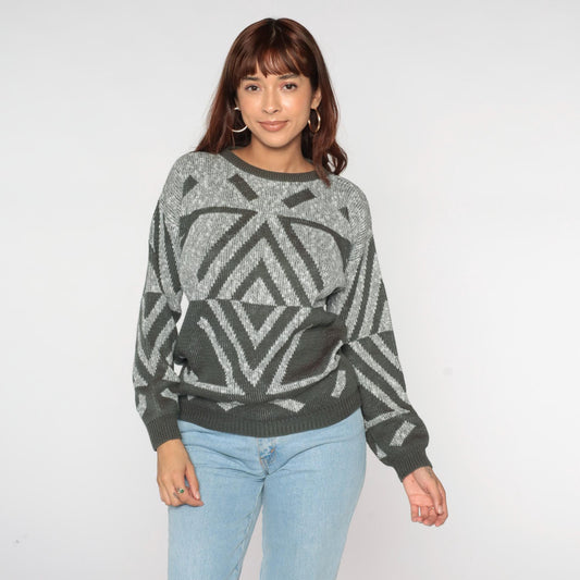 80s Grey Geometric Chevron Pullover Sweater Crewneck Knit Small S
