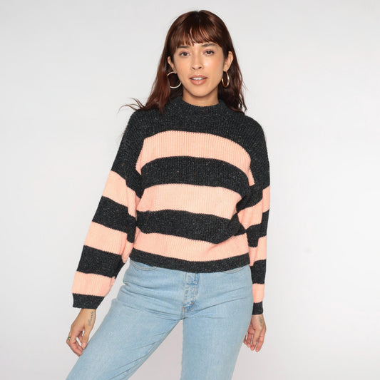 80s Peach Grey Striped Crewneck Knit Sweater Medium M