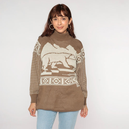 80s Polar Bear Graphic Sweater Brown Mock Neck Pullover Knit Medium