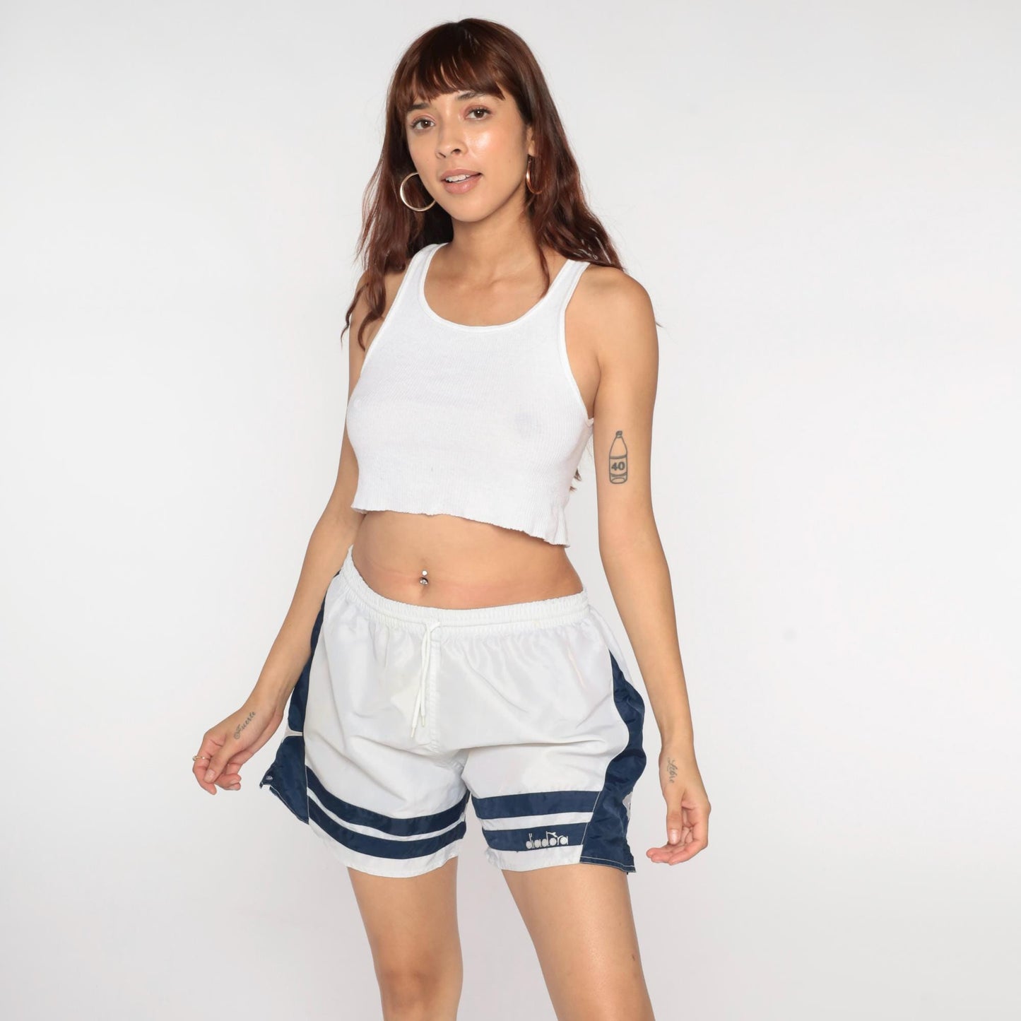 90s Diadora Soccer Shorts White Navy Nylon Athletic Track Large L