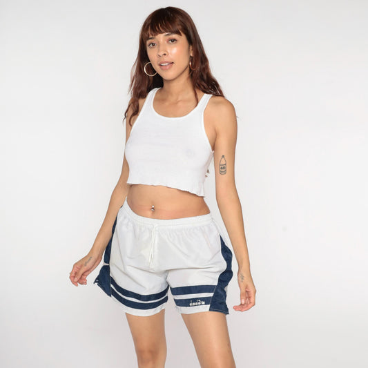 90s Diadora Soccer Shorts White Navy Nylon Athletic Track Large L