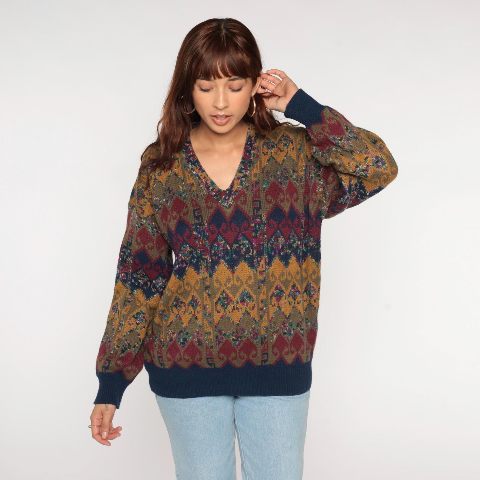 80s Scusa Abstract Geometric V-Neck Sweater Mustard Burgundy Olive Large L