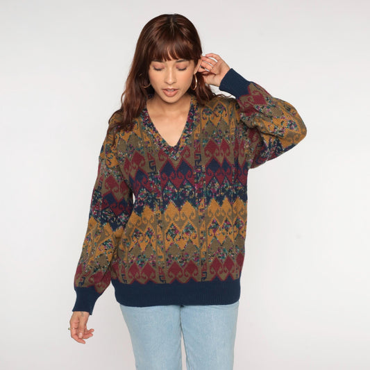 80s Scusa Abstract Geometric V-Neck Sweater Mustard Burgundy Olive Large L