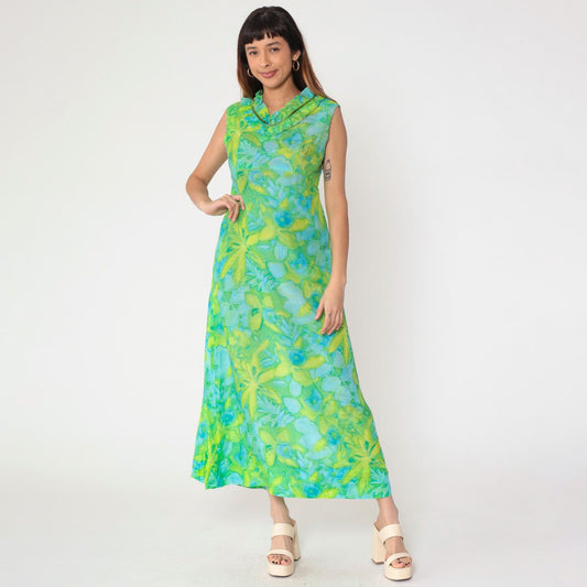 70s Green Floral Watercolor Maxi Dress Empire Waist Ruffled Neckline Medium