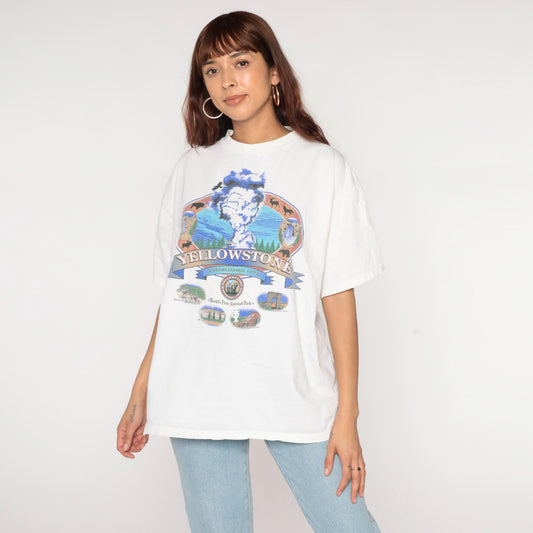 90s Yellowstone National Park Old Faithful Graphic T-Shirt White Cotton Extra Large