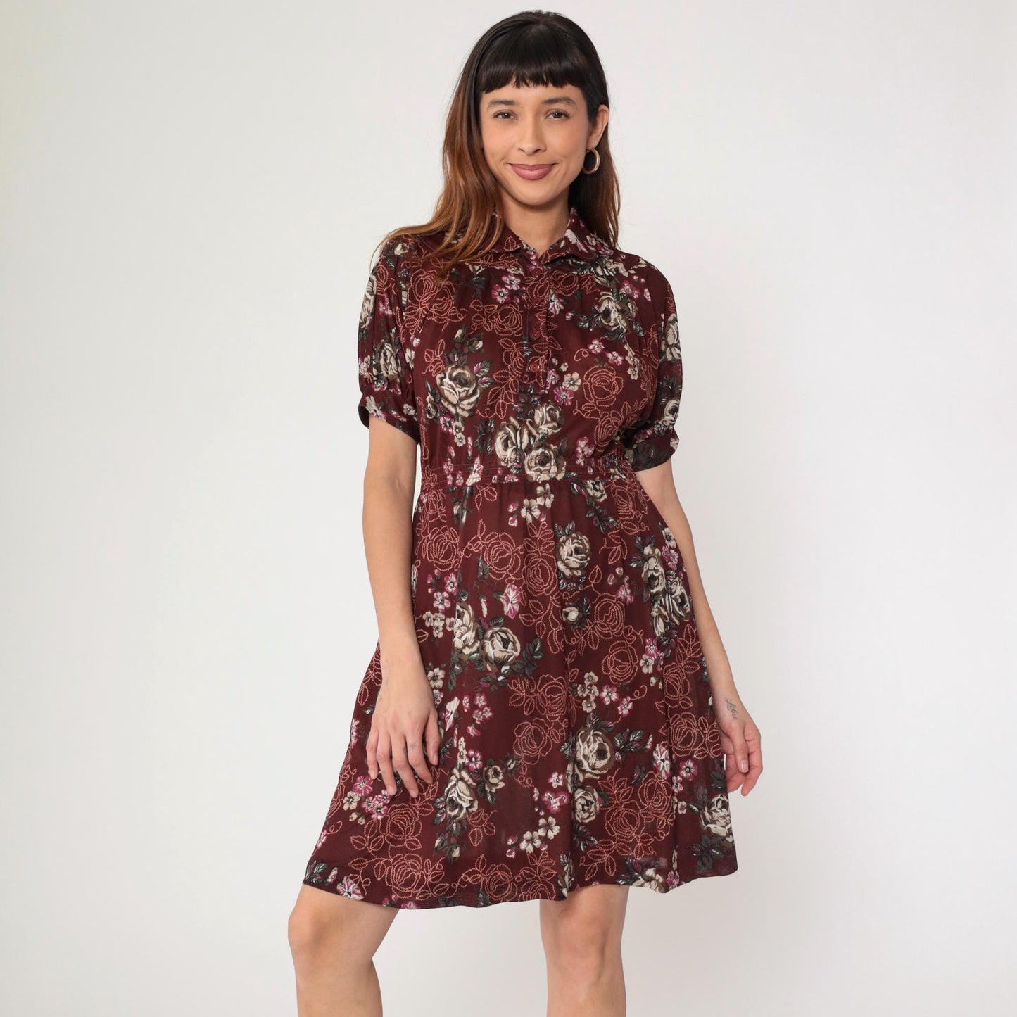 70s Maroon Floral Mini Dress High Waist Puff Sleeve Button Up Small Medium