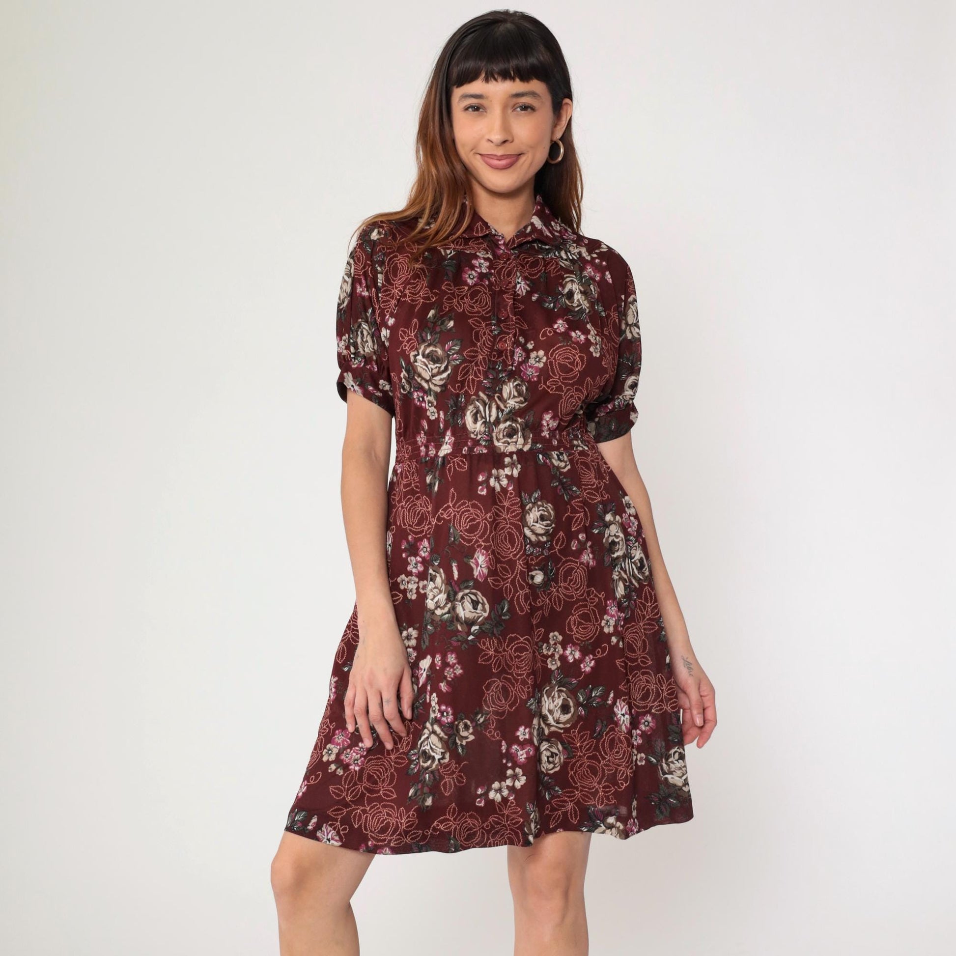70s Maroon Floral Mini Dress High Waist Puff Sleeve Button Up Small Medium