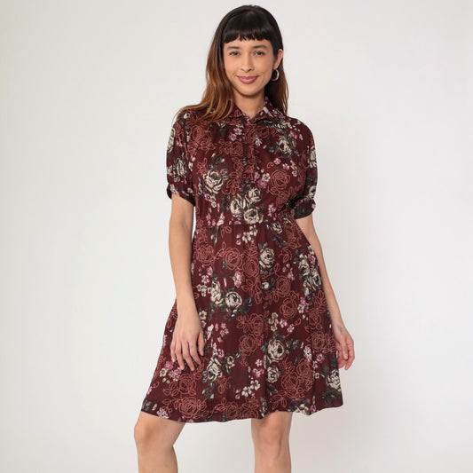 70s Maroon Floral Mini Dress High Waist Puff Sleeve Button Up Small Medium