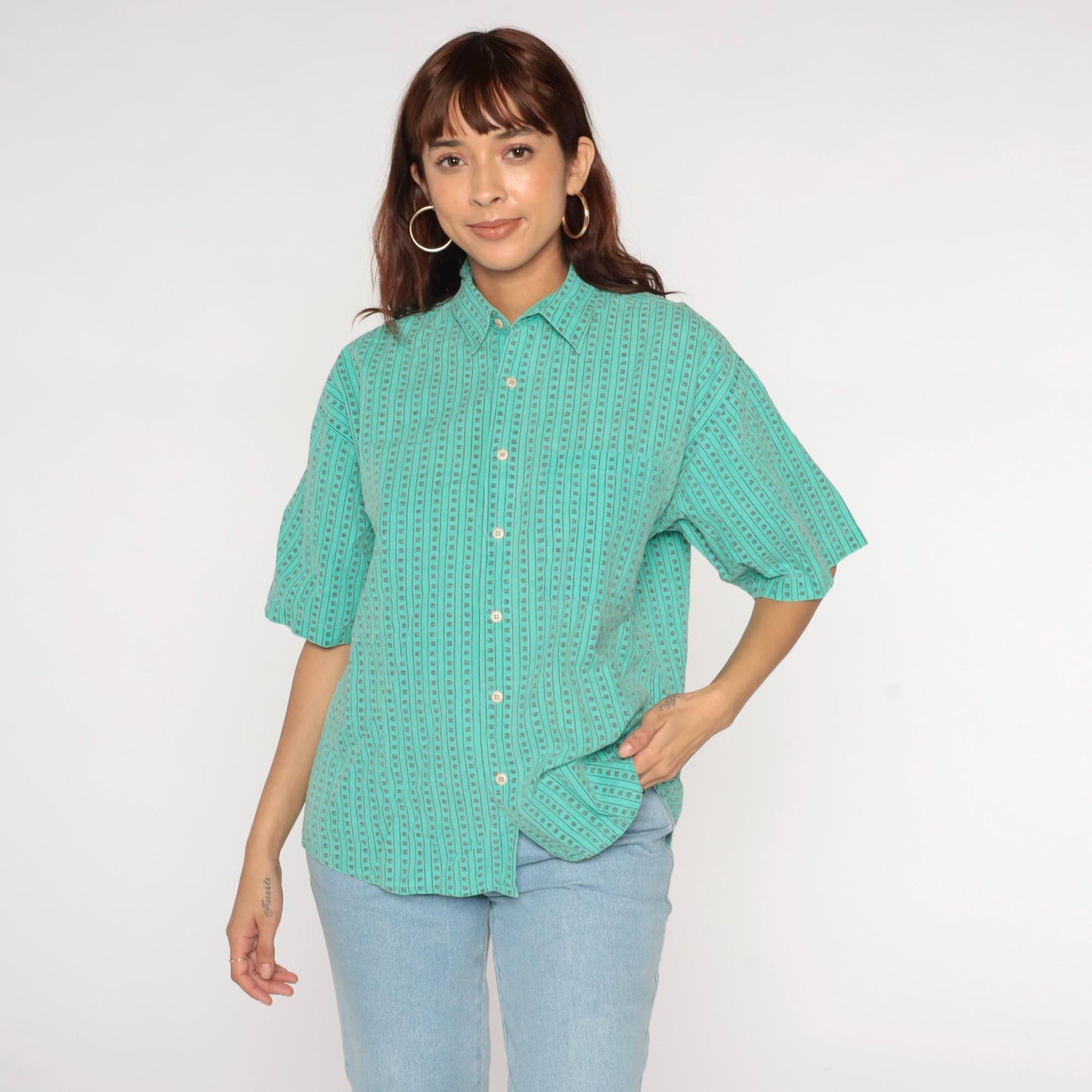 90s Green Striped Stamp Print Button-Up Shirt Boxy Fit Medium