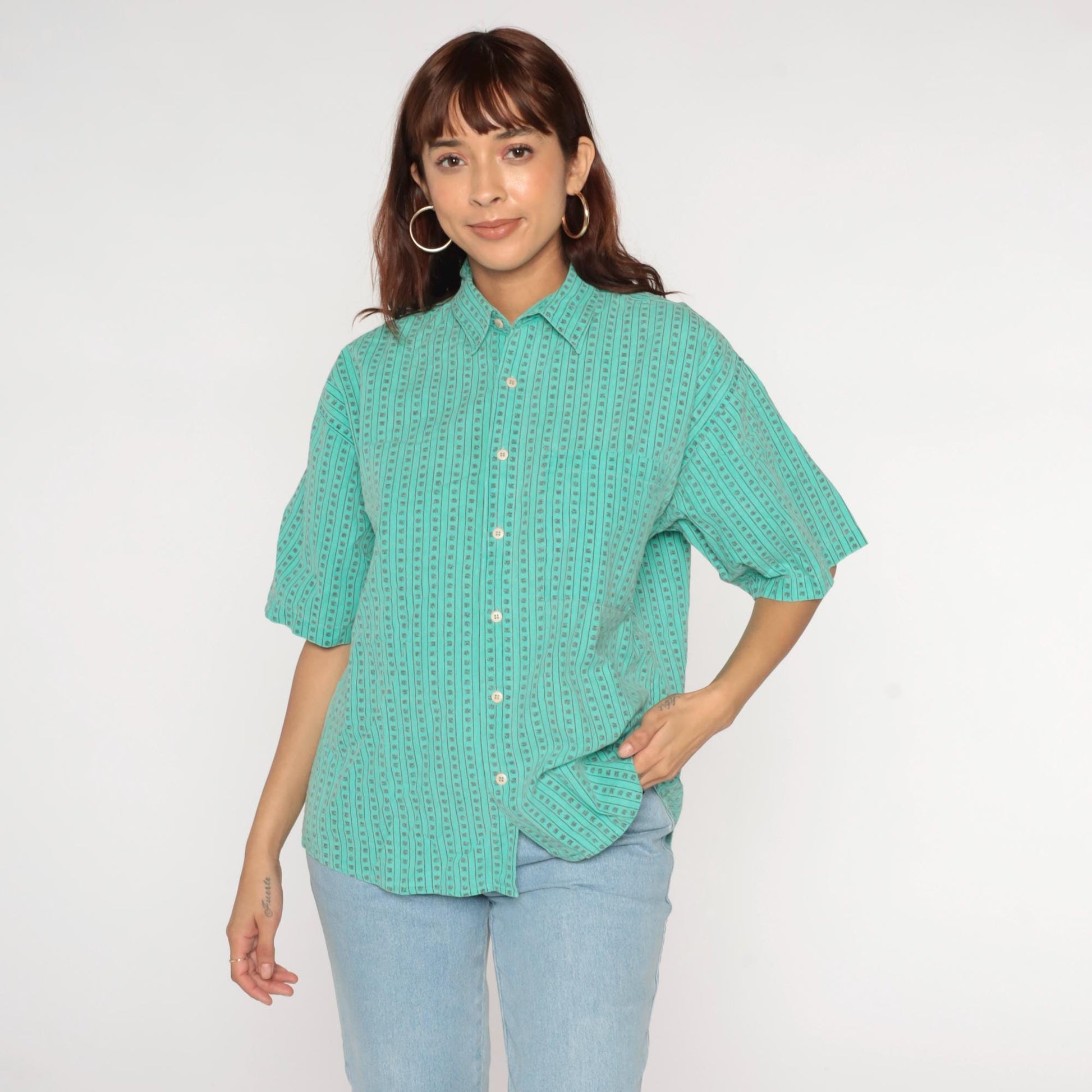 90s Green Striped Stamp Print Button-Up Shirt Boxy Fit Medium