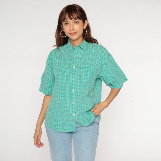 90s Green Striped Stamp Print Button-Up Shirt Boxy Fit Medium