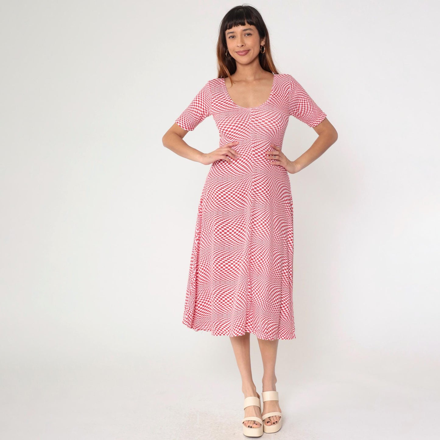 80s Op Art Red White Checkered Midi Dress Scoop Neck Fit Flare Medium Large