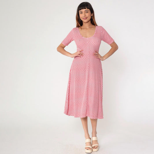 80s Op Art Red White Checkered Midi Dress Scoop Neck Fit Flare Medium Large