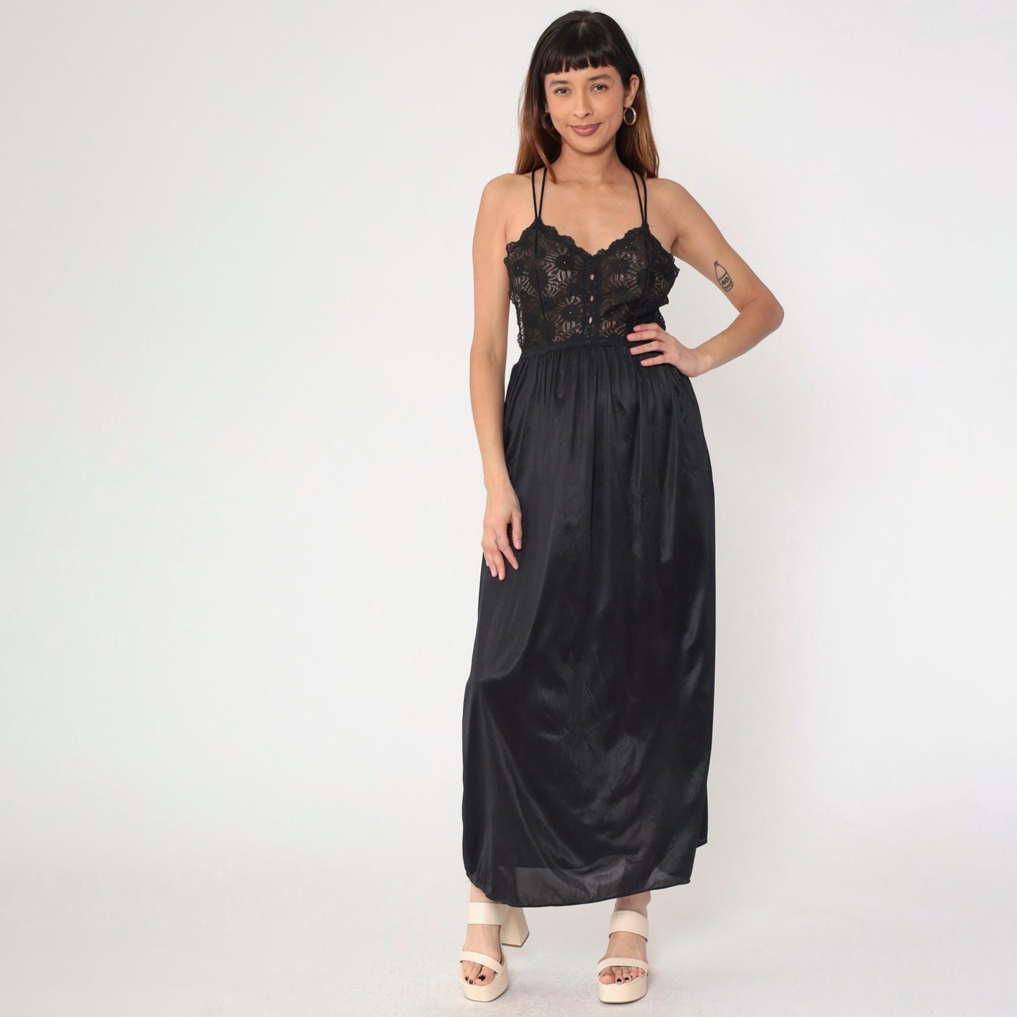 80s Black Lace Nylon Slip Dress Maxi Sweetheart Neckline Spaghetti Strap Small