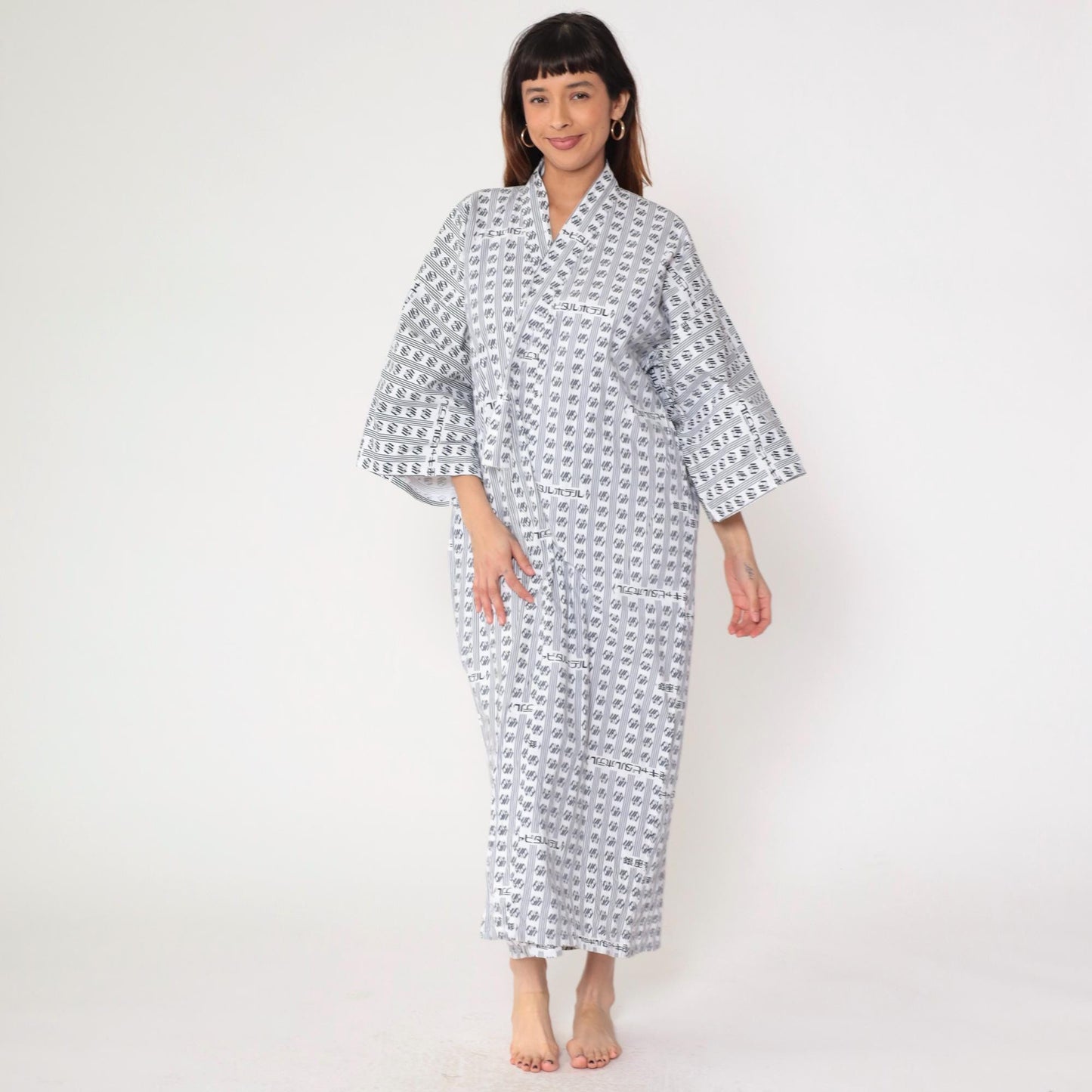 80s Japanese Yukata Robe Hotel Logo Print Blue White Geometric Maxi One Size