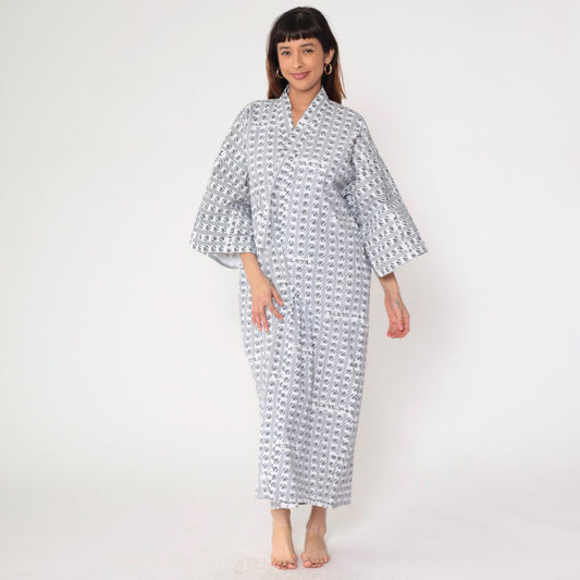 80s Japanese Yukata Robe Hotel Logo Print Blue White Geometric Maxi One Size