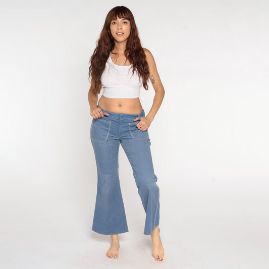 70s Blue Twill Bell Bottom Pants Mid Rise Flared Trousers Men's Medium