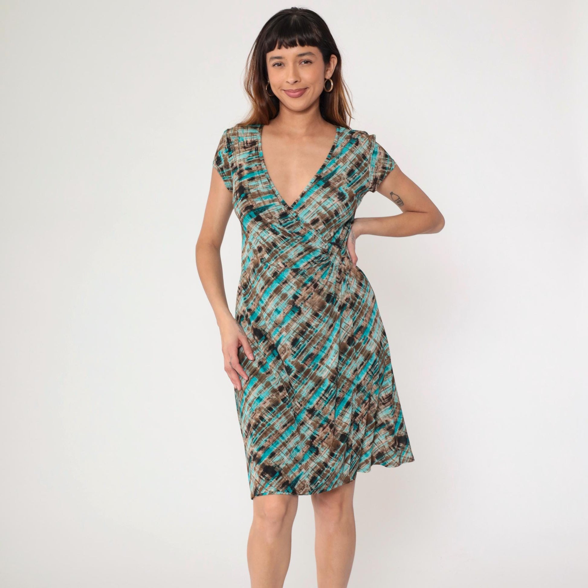 Y2K Abstract Striped Midi Wrap Dress Turquoise Brown Short Sleeve Small 6